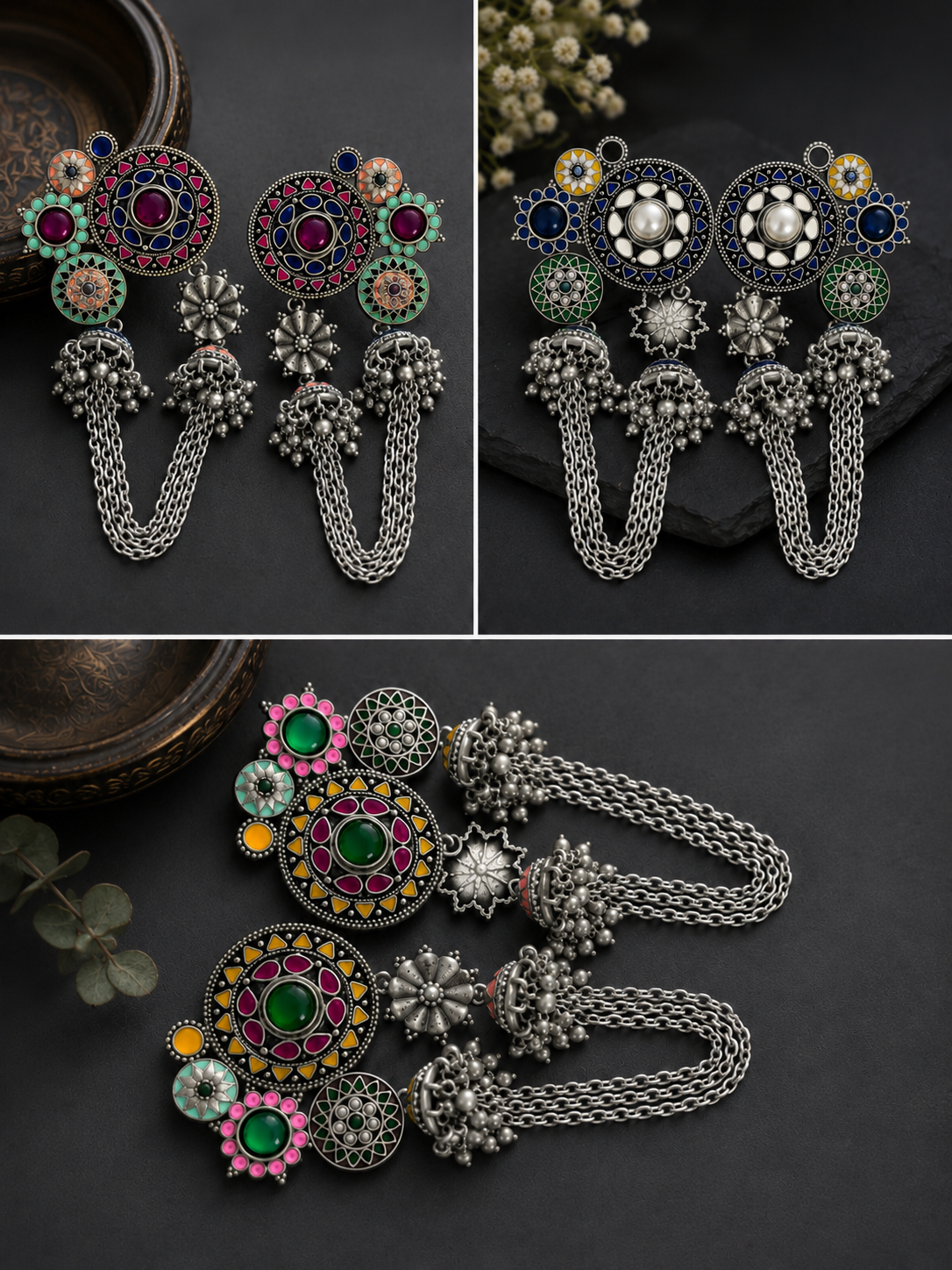 Silver Double Jhumki Rangeeli Earrings with Enamel & Pearl Drops