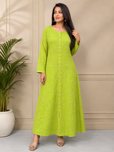 Lucknowi Chikankari Chanderi Long Kurti with Full Embroidery