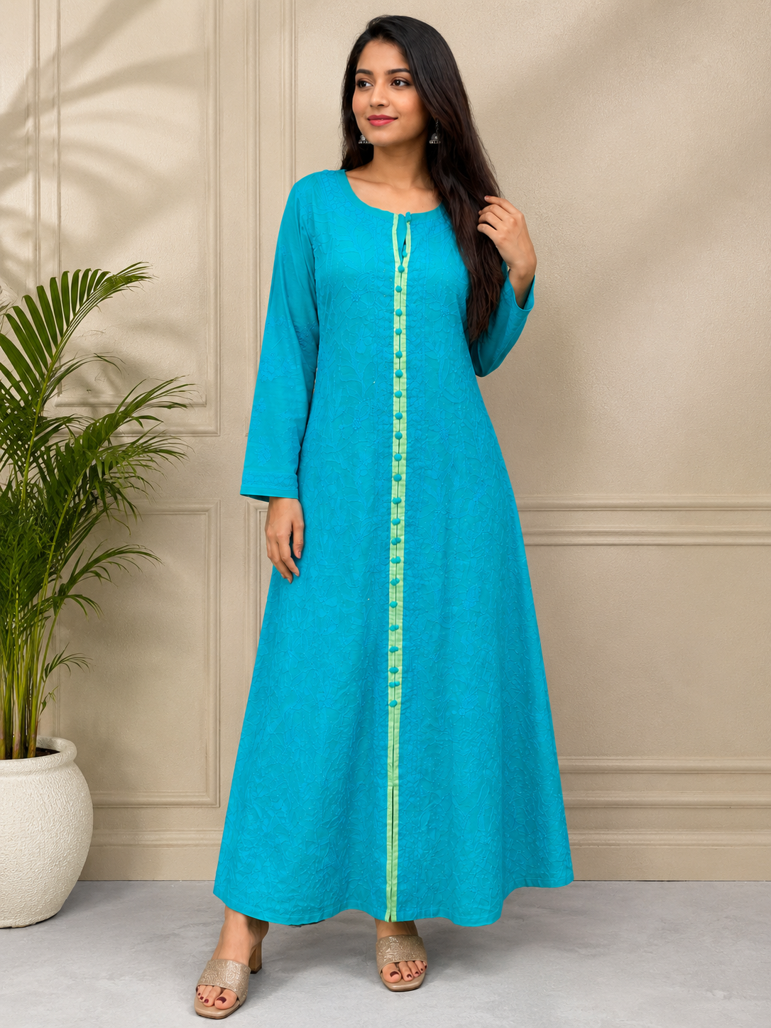 Lucknowi Chikankari Chanderi Long Kurti with Full Embroidery