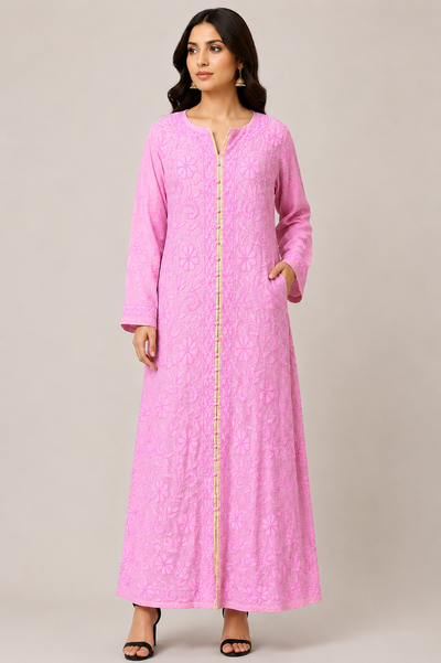 Lucknowi Chikankari Chanderi Long Kurti with Full Embroidery