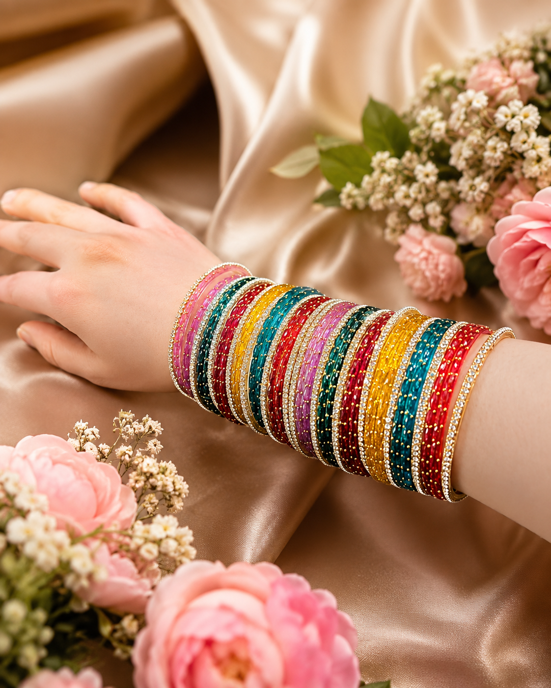 Colorful Glass Bangles Set with Elegant Nag Bangles