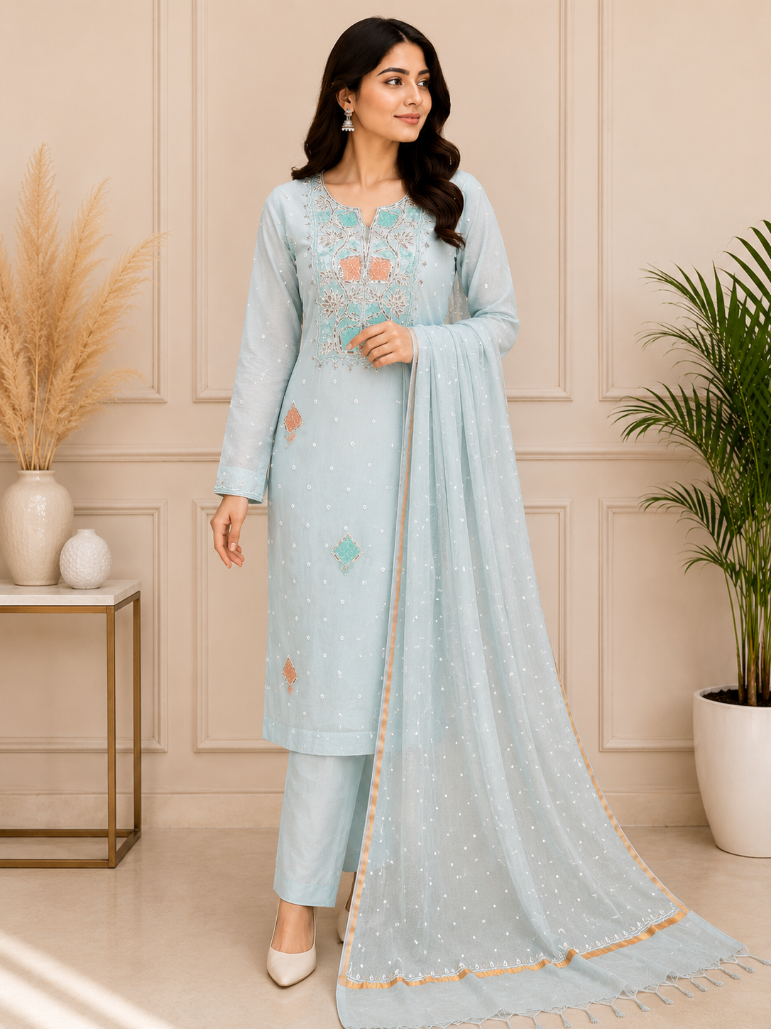 Mul Chanderi Lucknowi Chikankari Suit Set with Pitta & Pearl Work