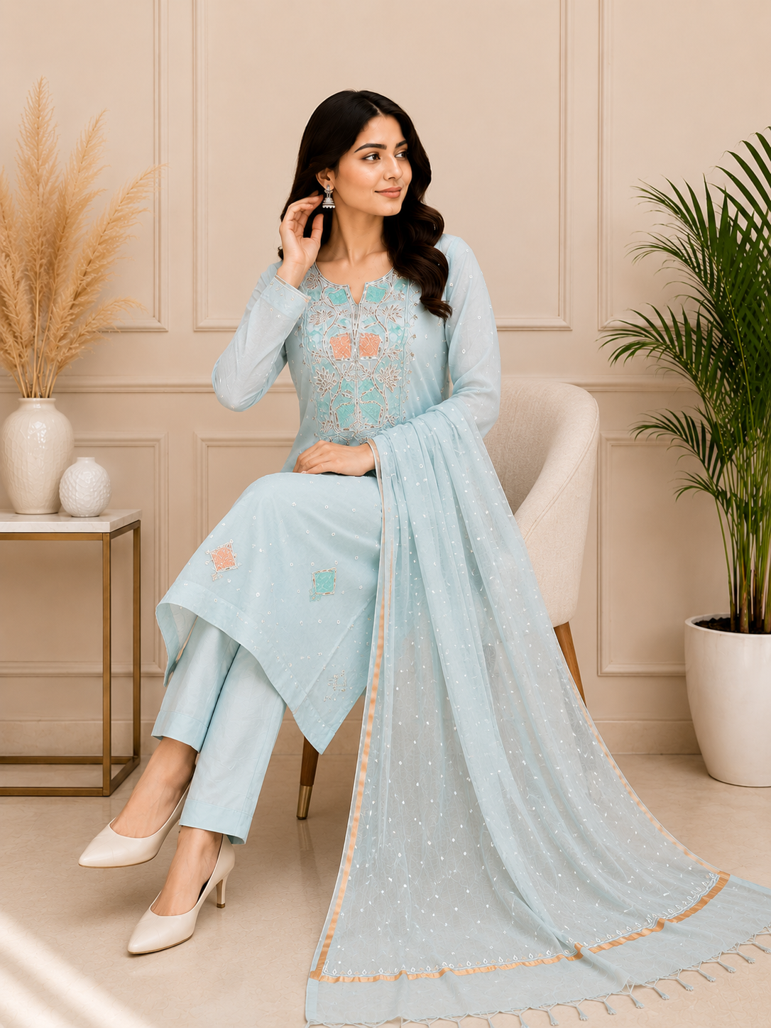 Mul Chanderi Lucknowi Chikankari Suit Set with Pitta & Pearl Work