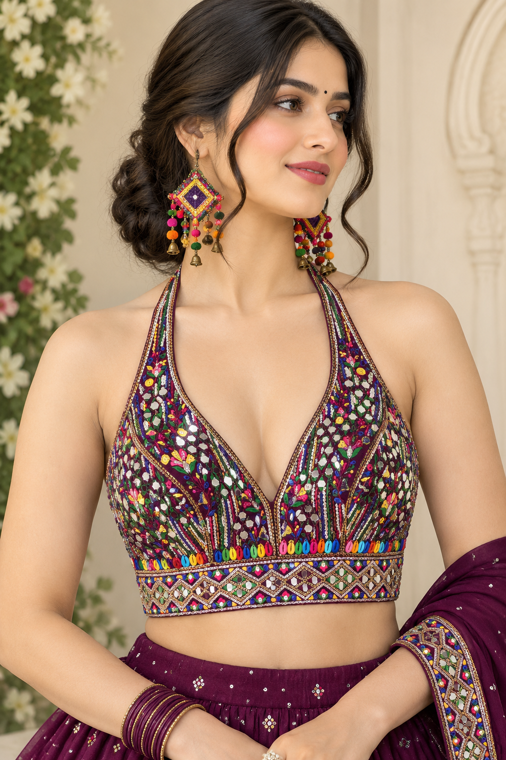 Navratri Look Mirror Work Halter Neck Blouse