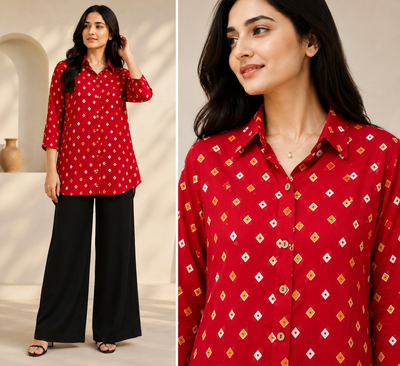 Modal Silk Crepe Bandhani Ajrakh Printed Shirt for Women
