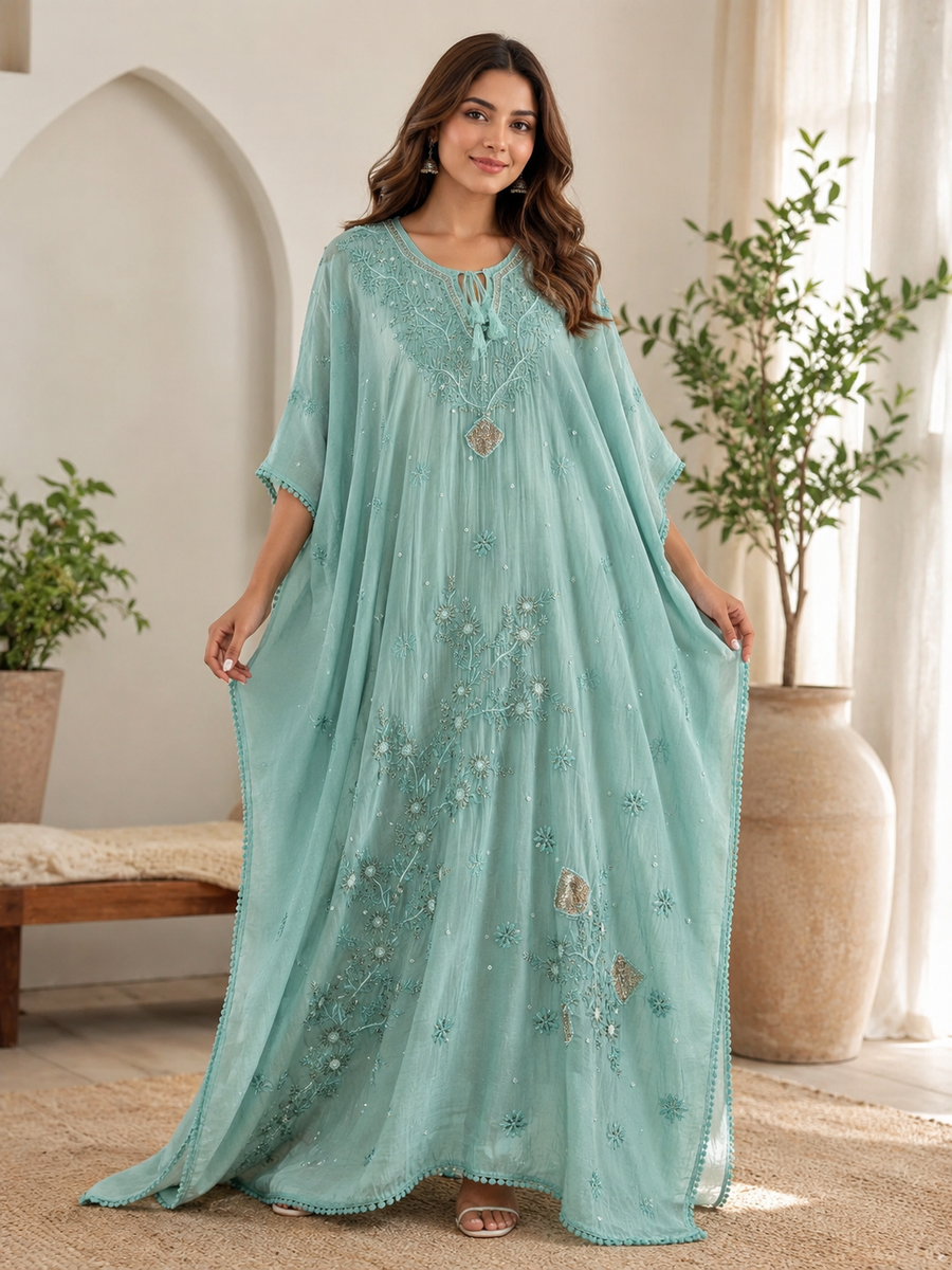 Lucknowi Chikankari Kaftan with Cutdana & Pearl Hand Embroidery – Mul Chanderi (Unstitched)