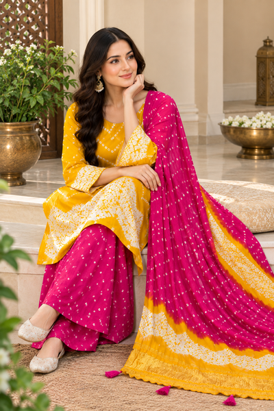Pure Modal Silk Bandhani Shibori Suit Set with Mandala Motif
