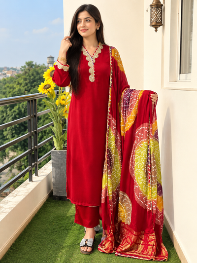 Modal Silk 3-Piece Bandhani Suit Set with Lace-Detail Neck & Sleeves