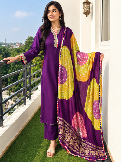 Modal Silk 3-Piece Bandhani Suit Set with Lace-Detail Neck & Sleeves