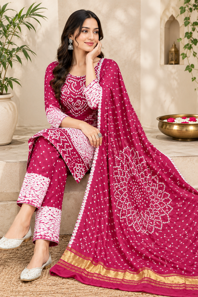 Hand-Dyed Shibori & Rai Bandhej Modal Silk Suit Set | Traditional Tie-Dye Ethnic