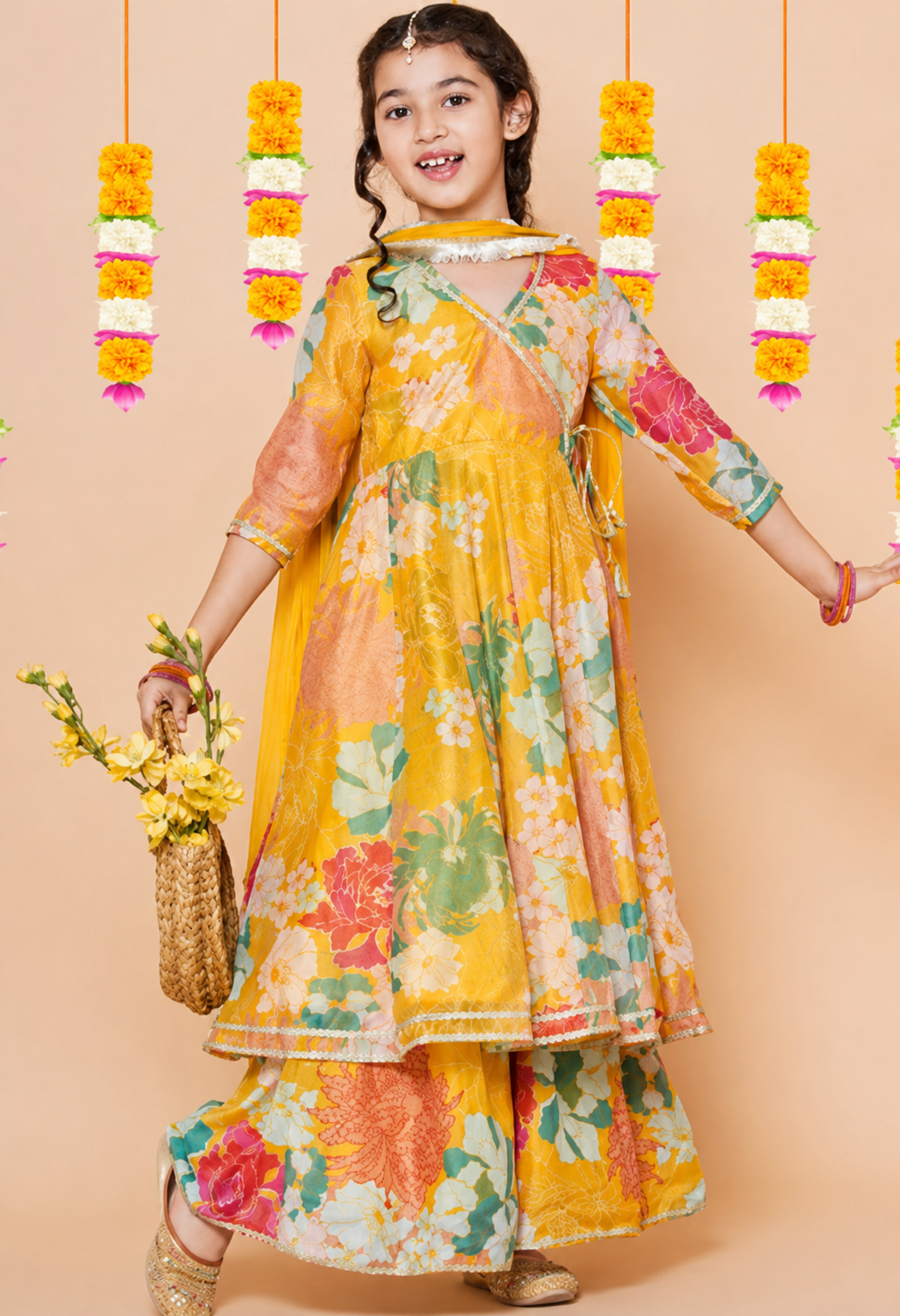 Girls Floral Printed Angrakha Anarkali Kurta & Sharara with Dupatta