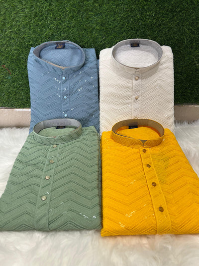 Elevate your ethnic wardrobe with this artisan-crafted kurta set featuring fine Chikankari and hand-placed sequins. Ideal for Diwali, sangeet, or a classy evening out.