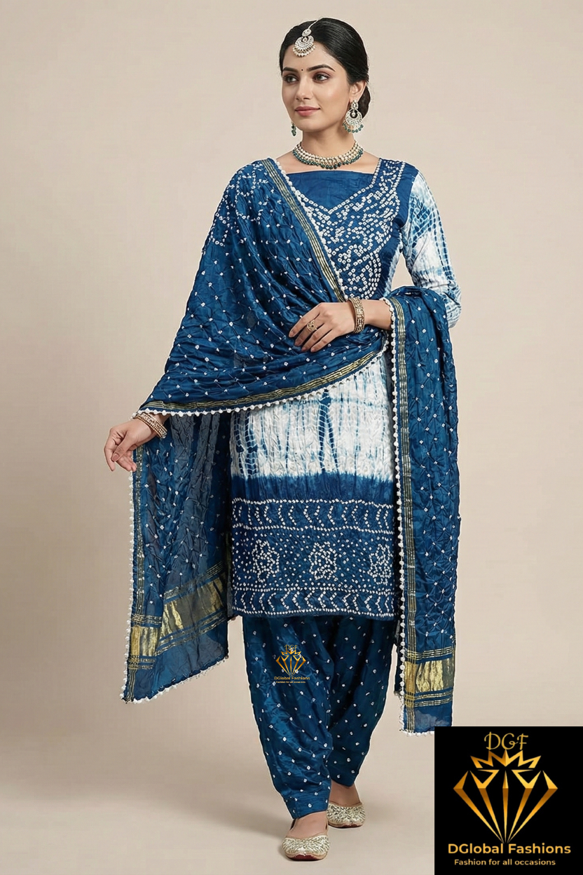 Hand Dyed Shibori & Rai Bandhej Unstitched Suit Set in Modal Silk