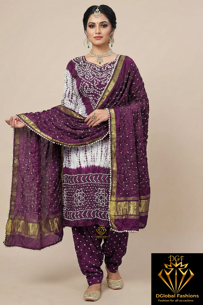 Hand Dyed Shibori & Rai Bandhej Unstitched Suit Set in Modal Silk