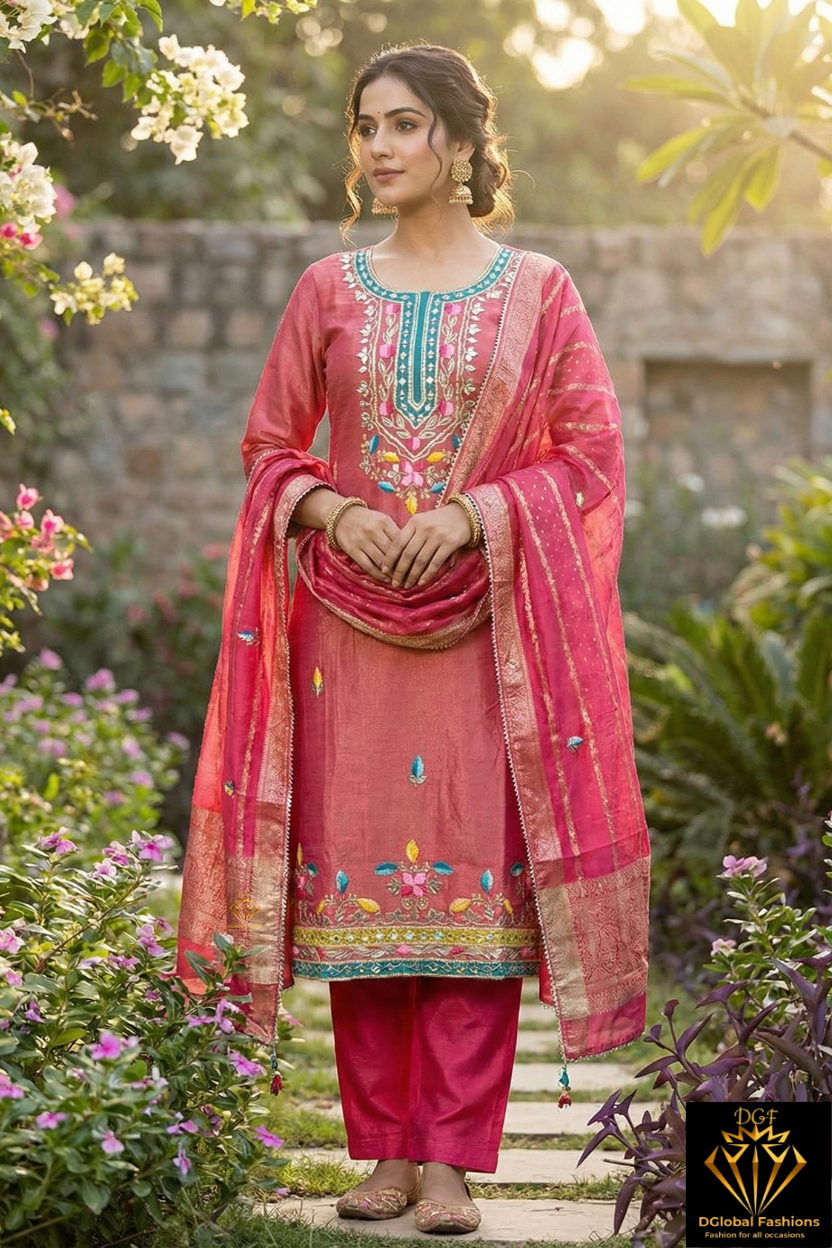 Tissue Shimmer Suit Set with Gota Patti, Real Mirror Work & Banarasi Dupatta