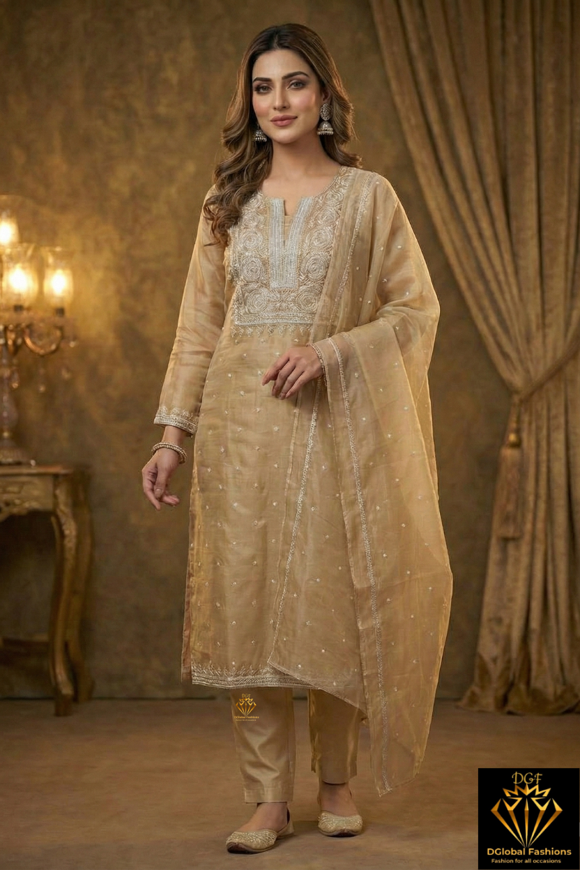 Moonga Silk Chikankari Pearl and Cutdana Work Kurta and Dupatta