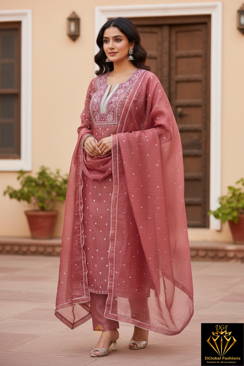 Moonga Silk Chikankari Pearl and Cutdana Work Kurta and Dupatta