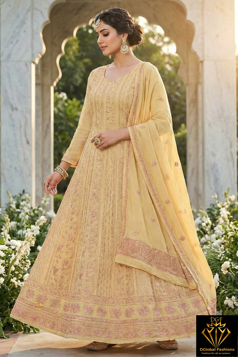 Designer Pearl Work Lucknowi Chikankari Anarkali Suit