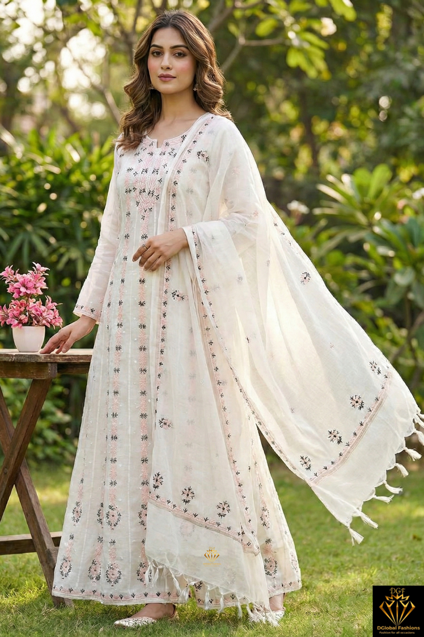 Lucknowi Chikankari Mul Chanderi Anarkali Suit with Pearl & Cutdana Handwork (2-Piece Set)