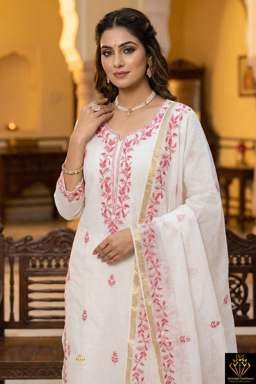 Lucknowi Chikankari Mul Chanderi Unstitched Suit with Kurta & Dupatta