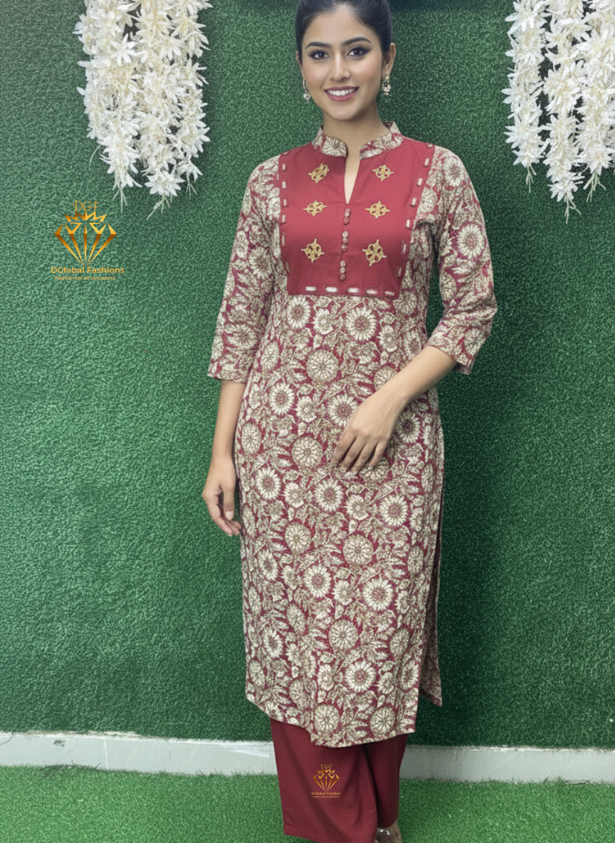 Handblock Kalamkari Cotton Co-ord Set with Mirror Work Detailing