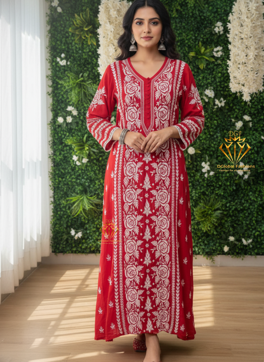 Lucknowi Chikankari Muslin Silk Maharani long Dress with Full Lace Work