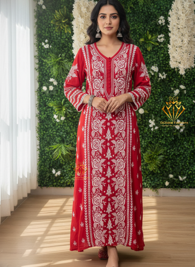 Lucknowi Chikankari Muslin Silk Maharani long Dress with Full Lace Work