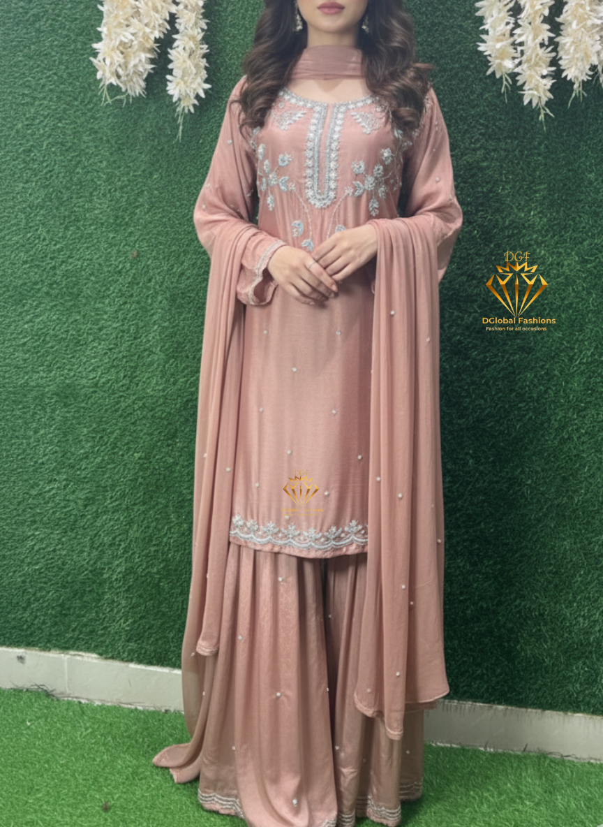 Designer Sharara Set with Heavy Handwork & Flared Palazzo