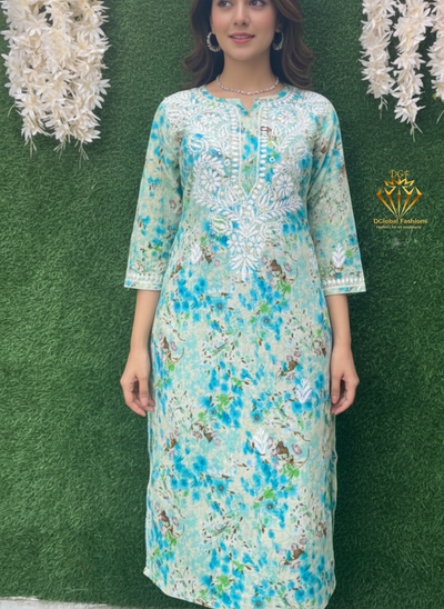 Mul Cotton Printed Lucknowi Chikankari Embroidered Kurti