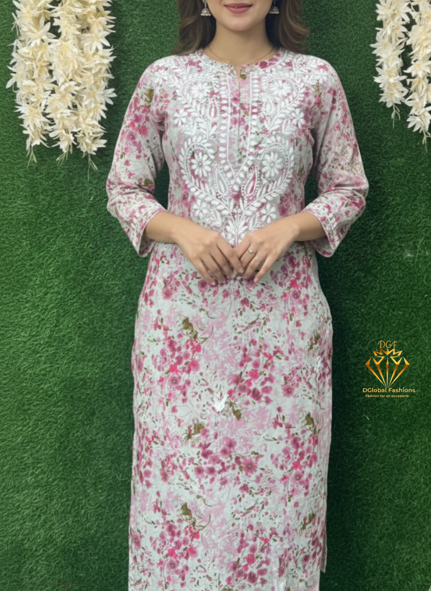 Mul Cotton Printed Lucknowi Chikankari Embroidered Kurti