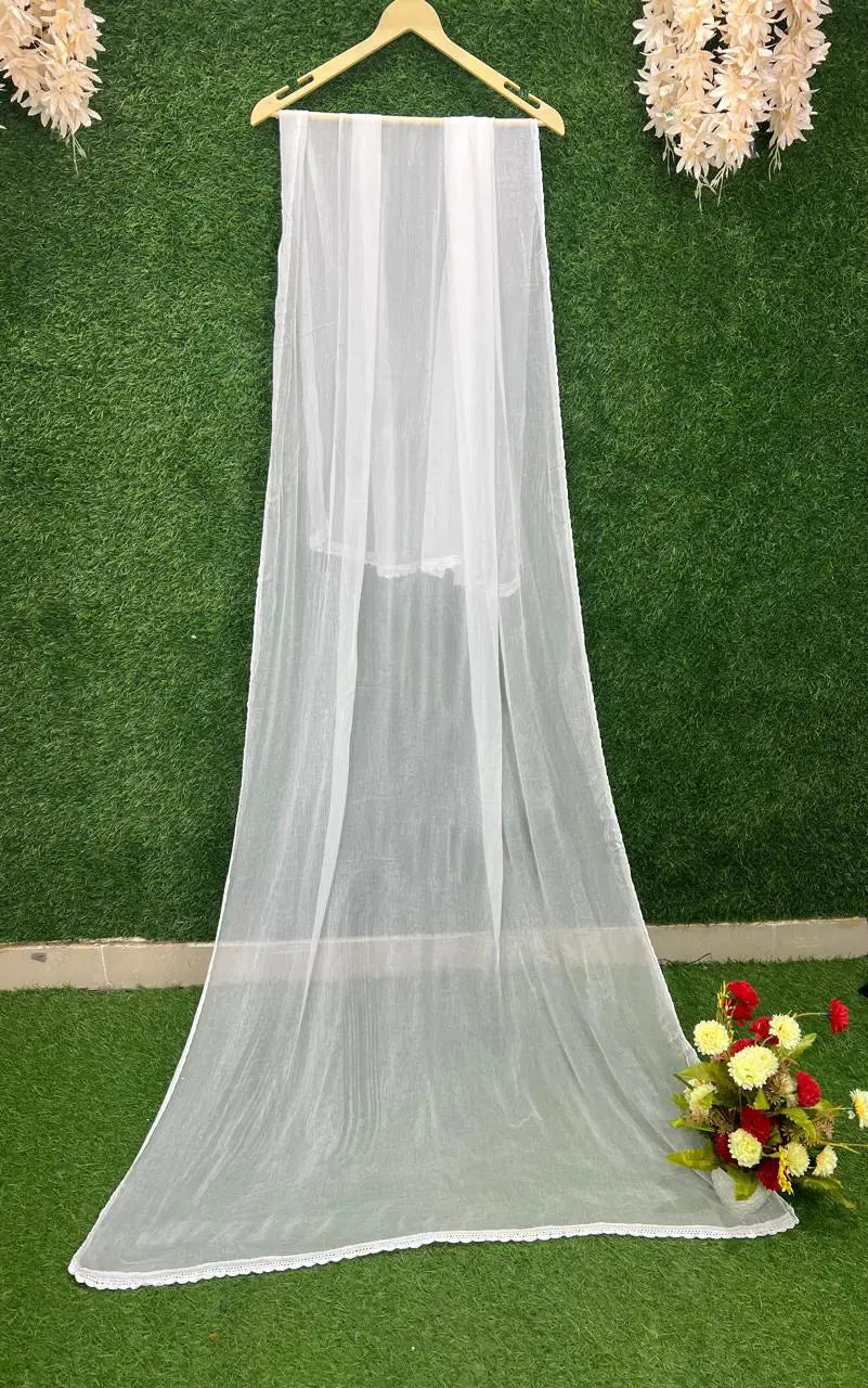 Pure Chiffon White Dupatta with Qureshia Lace