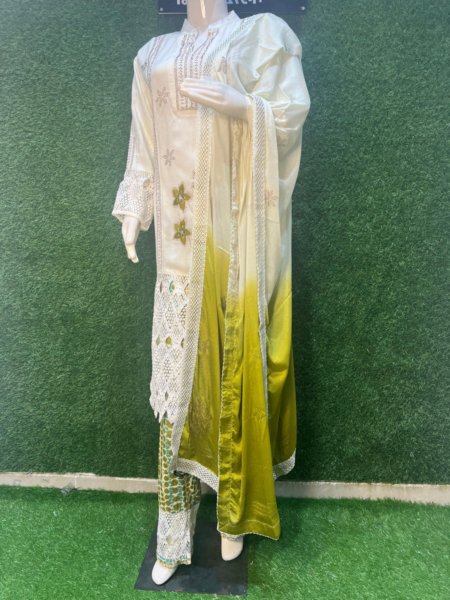 Embroidered Kurta Set, featuring intricate embroidery, stylish printed pants, and a beautifully coordinated dupatta.