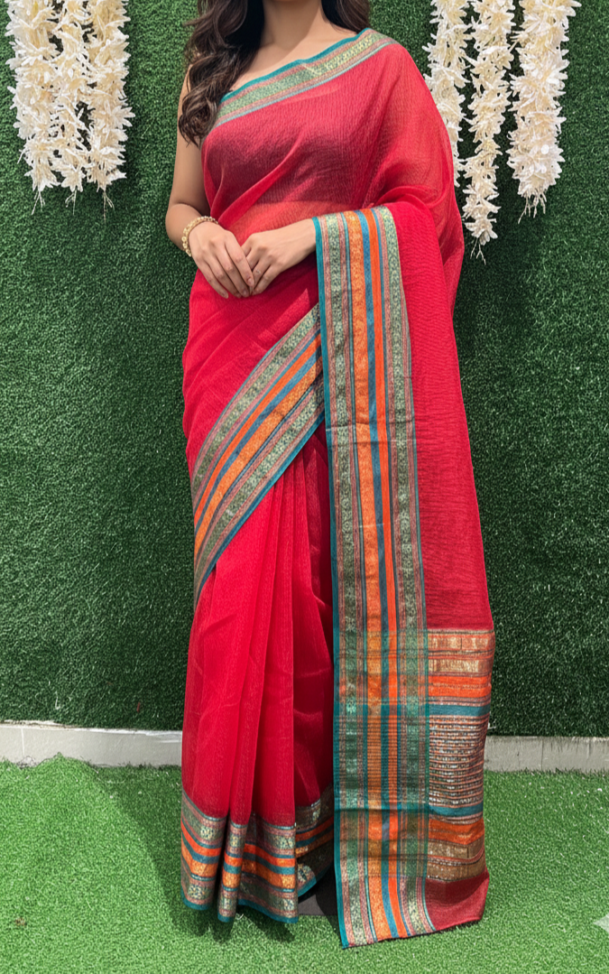 Beautiful red kota doria cotton with manipuri border wrap in 1 minute saree