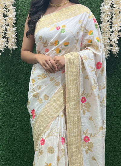 White Banarasi Saree with Golden Zari Border & Multicolor Floral Weaving