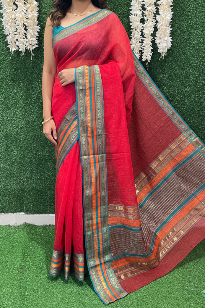 Beautiful red kota doria cotton with manipuri border wrap in 1 minute saree
