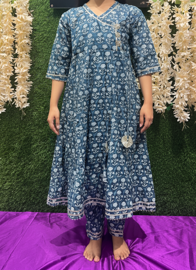 Kids Blue Printed Cotton Angrakha Dress