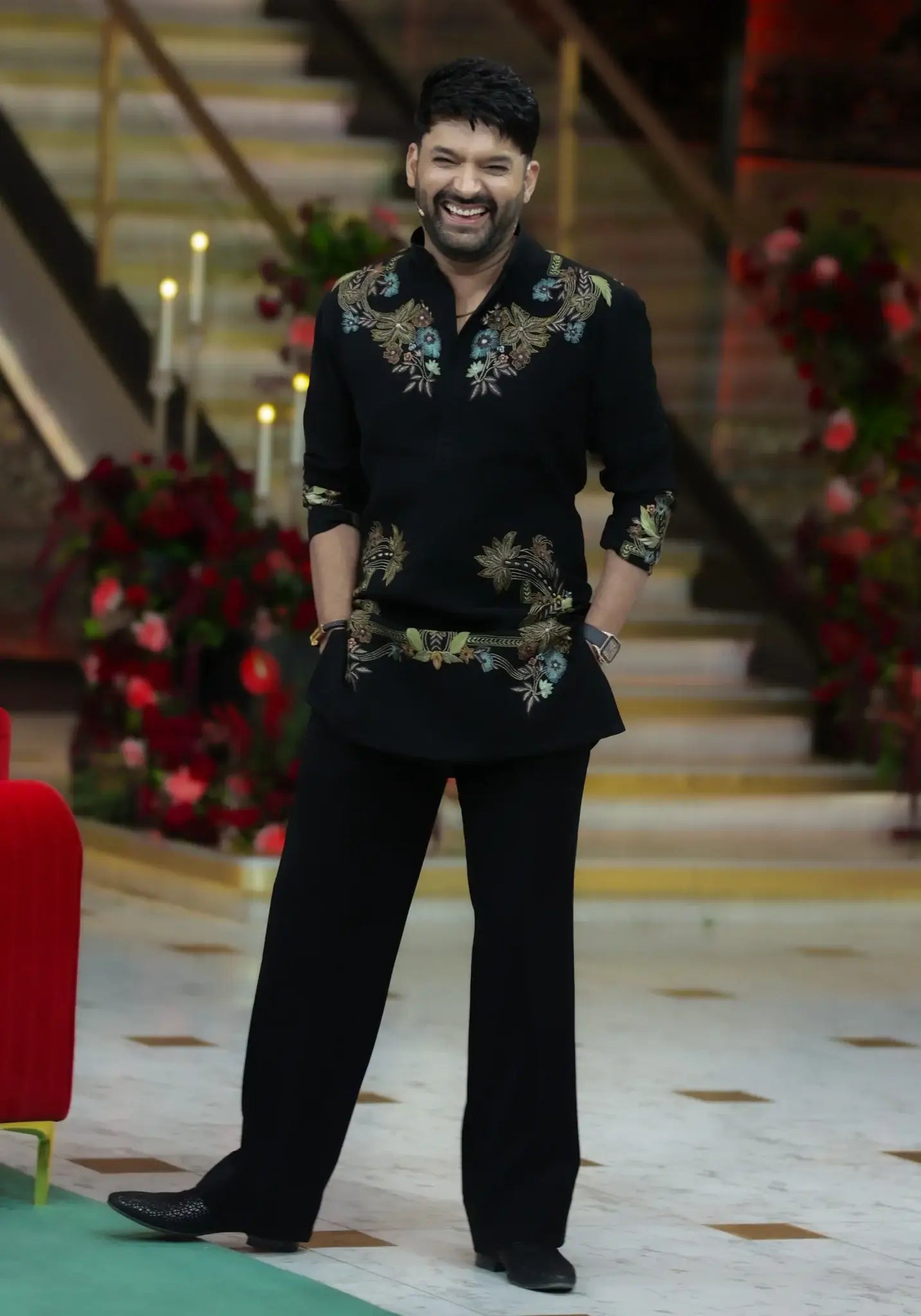 Kapil Sharma Inspired Signature Look – Embroidered Kurta Set with Wide-Leg Trousers
