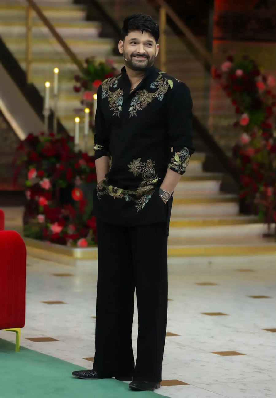 Kapil Sharma Inspired Signature Look – Embroidered Kurta Set with Wide-Leg Trousers