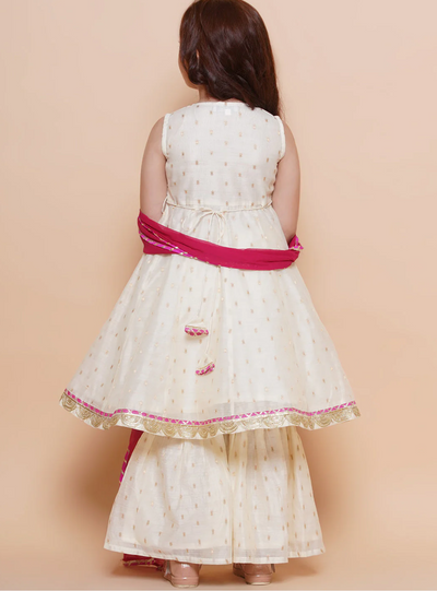 Girls Off white Booti Angrakha Gotta Patti Kurta & Sharara set With Dupatta