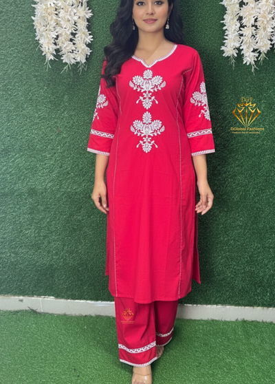 Cotton Kurta Pant Set With Thread Work