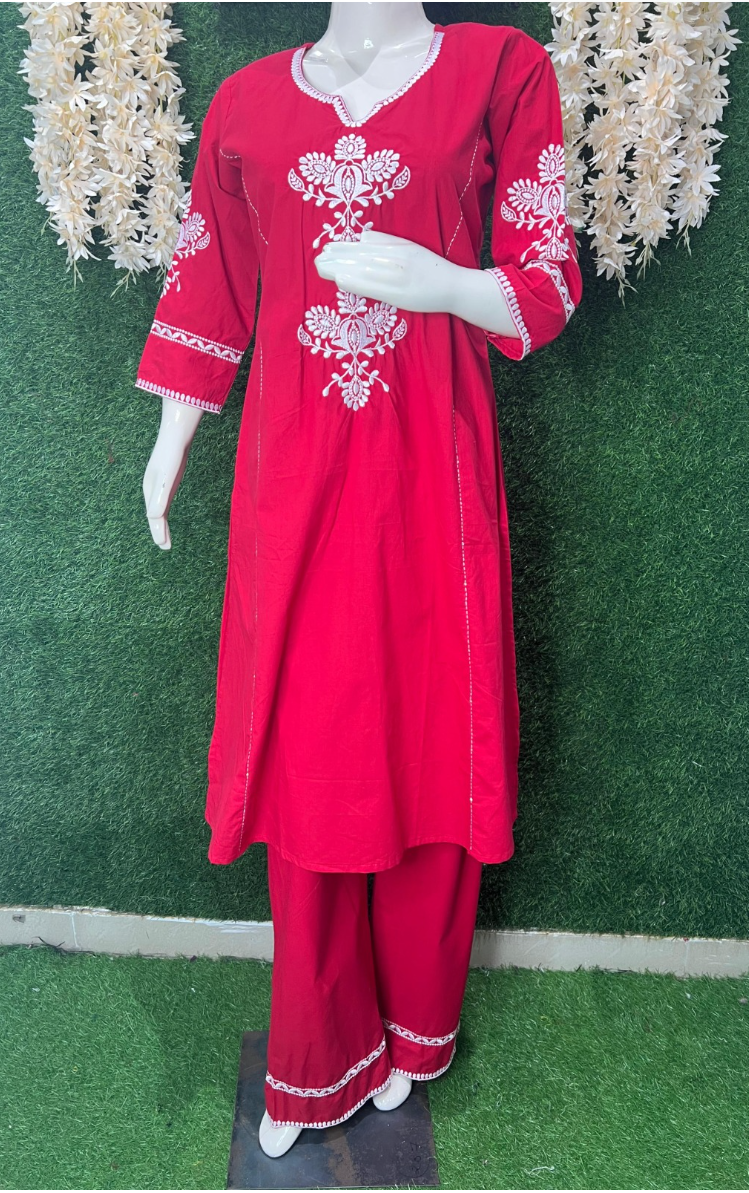 Cotton Kurta Pant Set With Thread Work