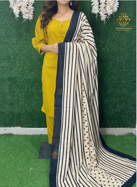 Cotton Kurta Pant Set With Striped & Polka Dupatta