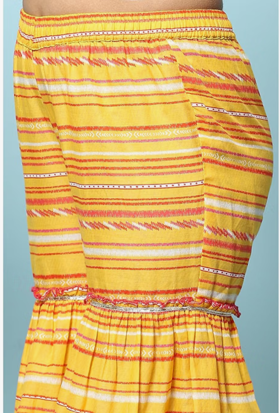 Girls Yellow Cotton Gathered Printed Kurta Sharara Suit Set