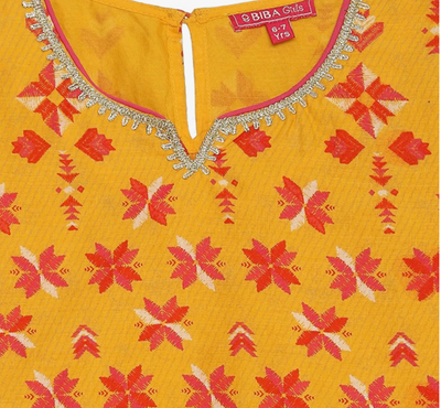 Girls Yellow Cotton Gathered Printed Kurta Sharara Suit Set