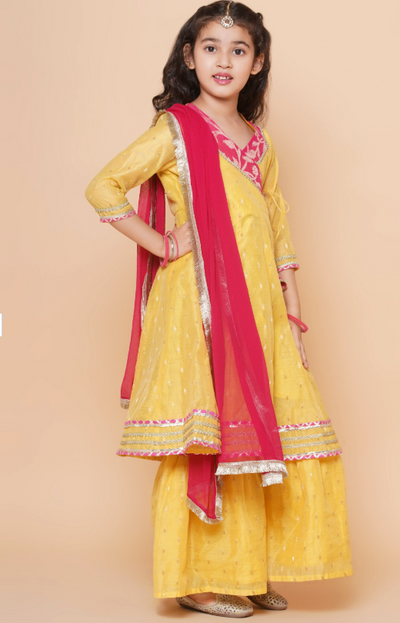 Girls’ Ethnic Woven Motif Anarkali Kurta, Sharara & Dupatta Set