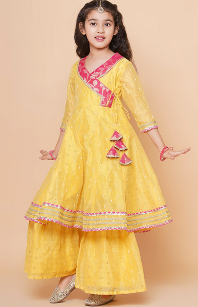 Girls’ Ethnic Woven Motif Anarkali Kurta, Sharara & Dupatta Set