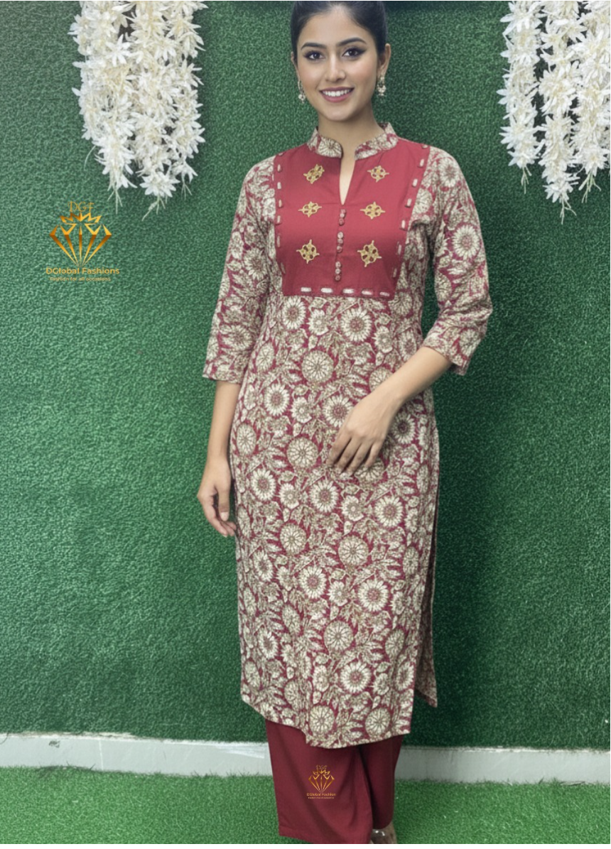 Handblock Kalamkari Cotton Co-ord Set with Mirror Work Detailing