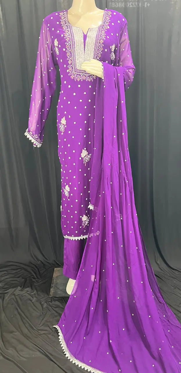 Lucknowi Chikankari Suit Set in Viscose Georgette with Cutdana & Pearl Handwork