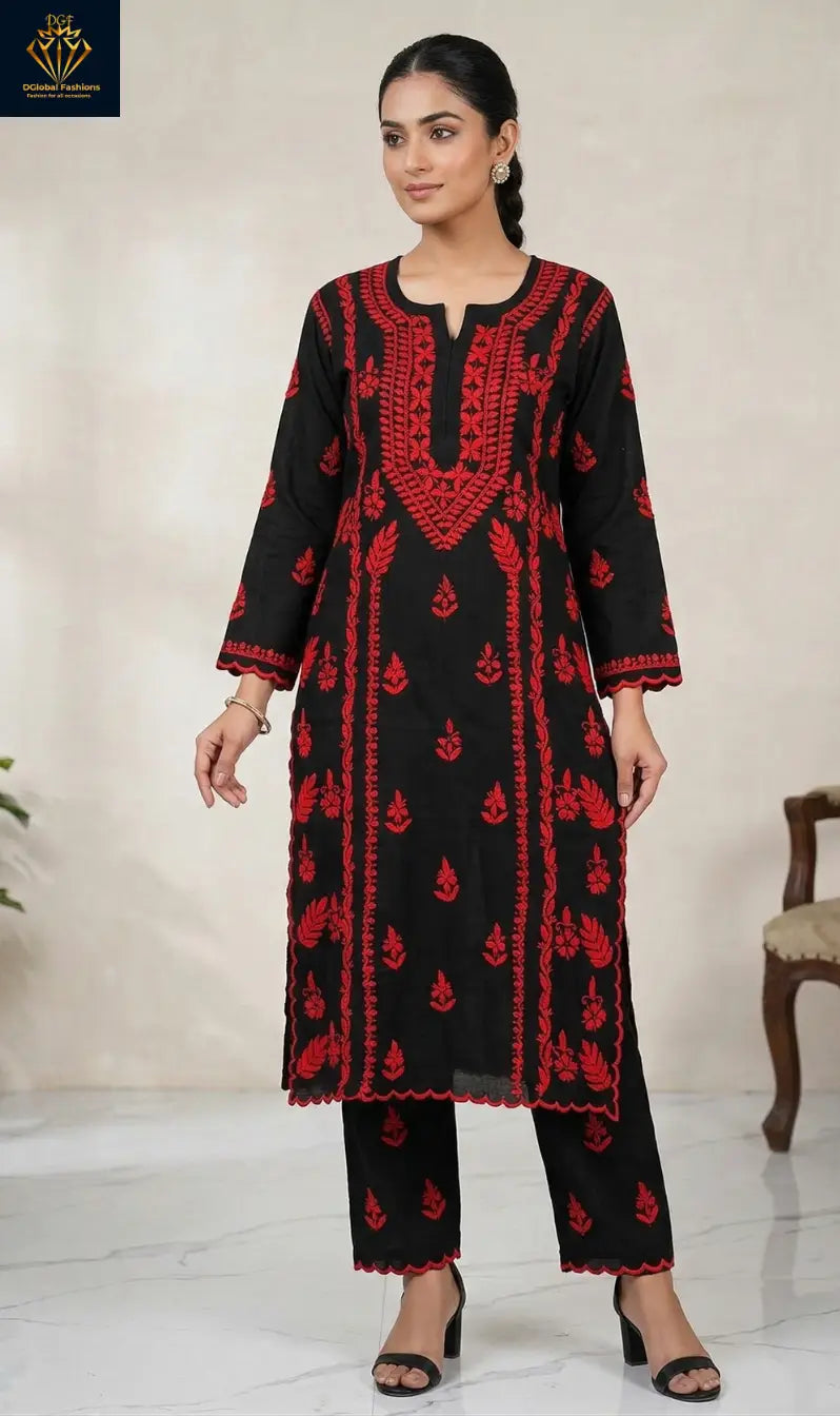 Lucknowi Chikankari Rayon Suit Set with Scalloped Border