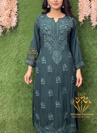 Lucknowi Chikankari Slub Reyon Kurti with Mukesh Work